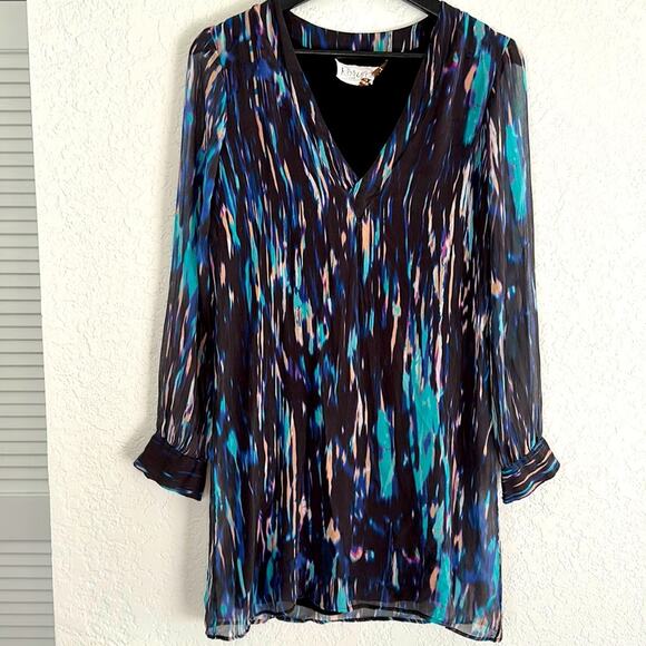 Rory Beca Silk Mini Dress Blue Watercolor Artsy Long Sleeve Date Night Fall Goth - Picture 1 of 8